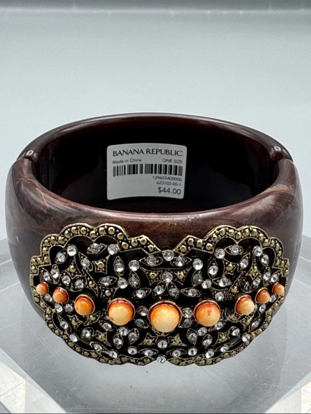 Banana Republic Brown Resin Bangle with Gold Filigree and Orange Cabochons